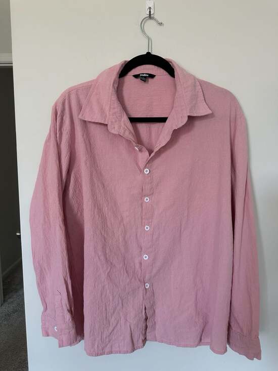 ouku Tops - ouku Pink Cotton-Linen Blend Long Sleeve Button Down Casual Shirt Size L